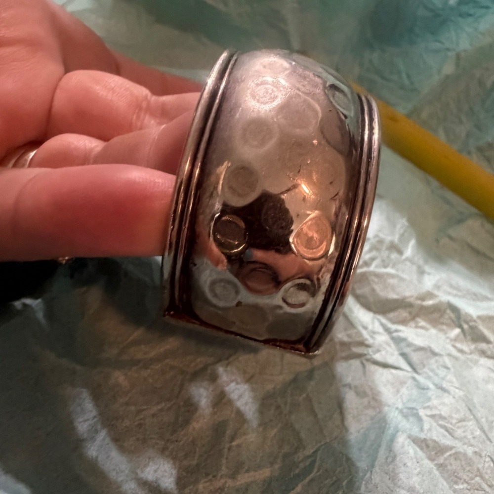 Vintage Hammered‎ Silver Tone Wide Cuff Bracelet Made in India Boho Statement